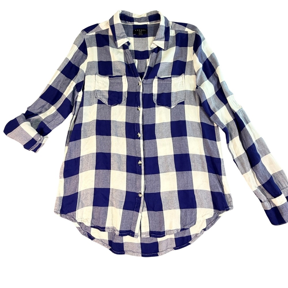 Tinsel Women's Blue White Buffalo Plaid Button Up Shirt Tunic Size S 100%Viscose